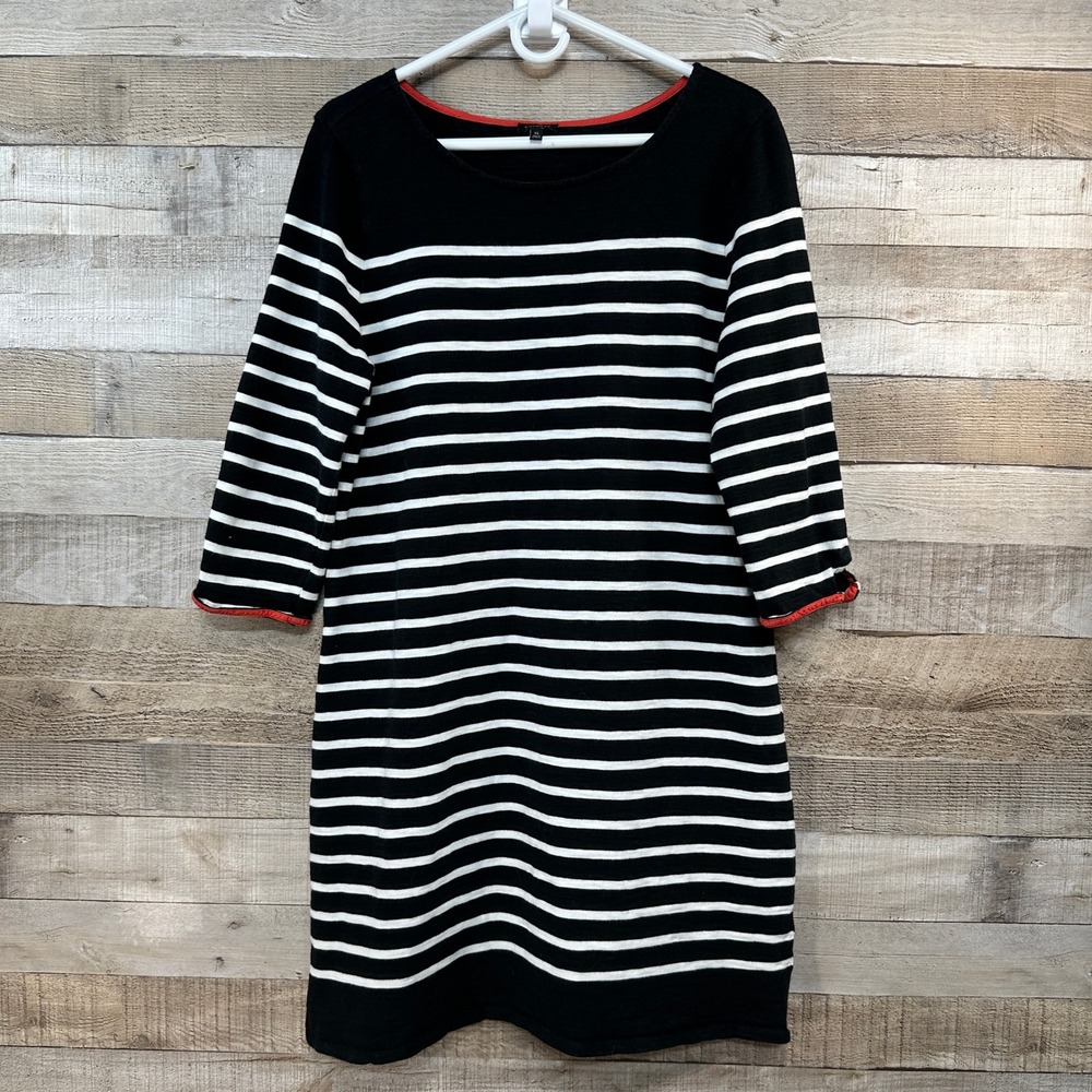 Talbots Womens XL Black White Stripe Cotton Knit Shift Dress Orange Accent‎